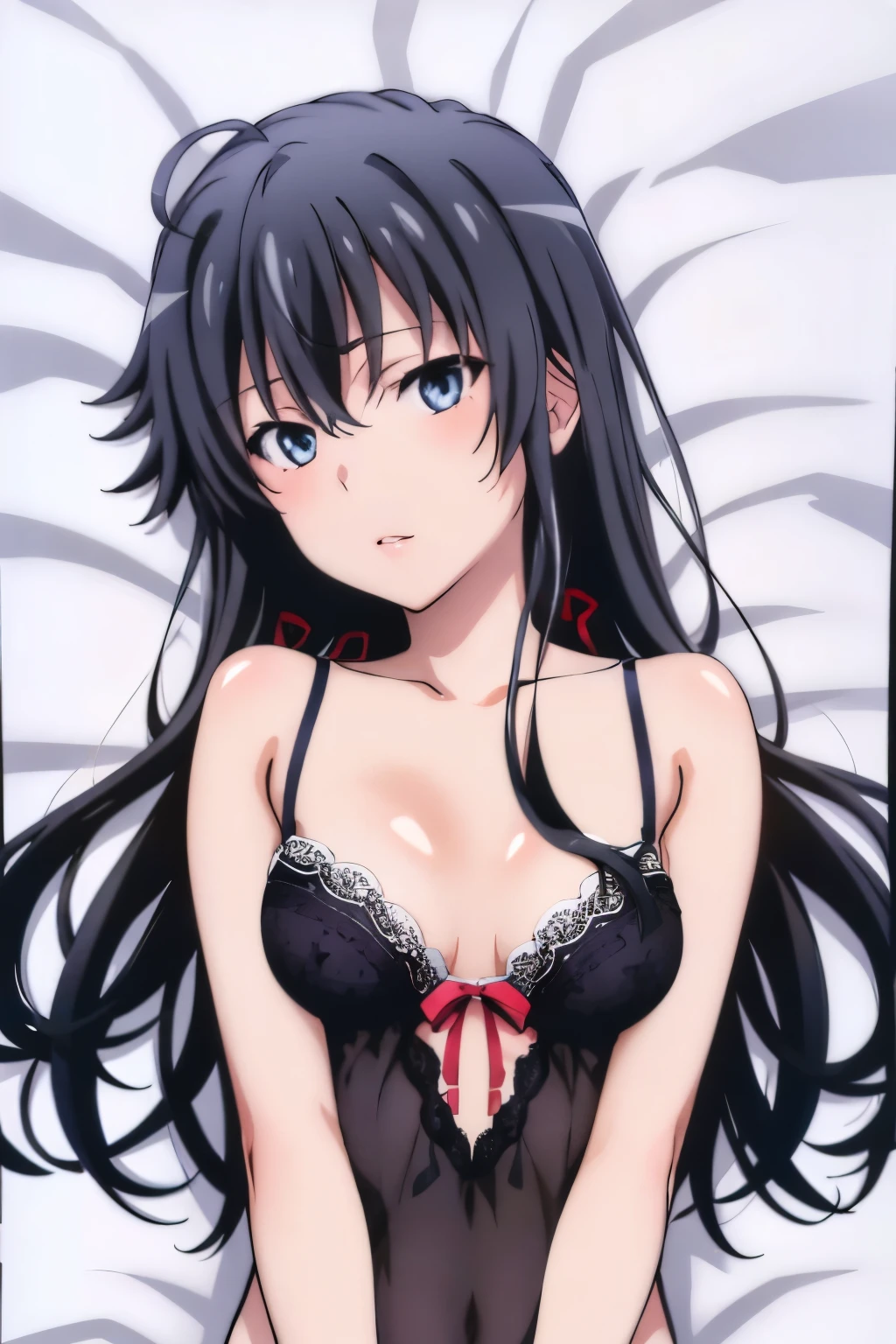 masterpiece, best quality, Horikita Suzune, lying on bed, (CG:1.4 extremely detailed), highly detailed faces, red eyes, 8k with warm clothing, best quality, (CG:1.4 extremely detailed), highly detailed faces, negligee, (skindentation:1.5)