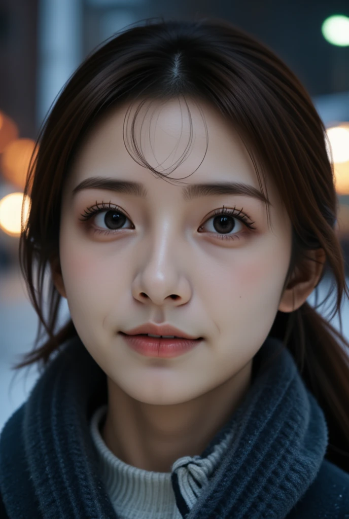 (8K, Raw photo, hyperphotorealistic, Best Quality, ultra-detailliert, Best Quality, extremely detailed CG unified 8k wallpaper, amazing, Beautiful Fine Face, Very detailed face, Very detailed eyes, Very detailed skin, Detailed face, Beautiful Japanese woman with perfect proportions, A lot of lashes), 30 years old, My hands are warmed by my breath, snowy night city, duffel coat, scarf, (big breasts:0.7), close-up view, shot upper body, look at viewer