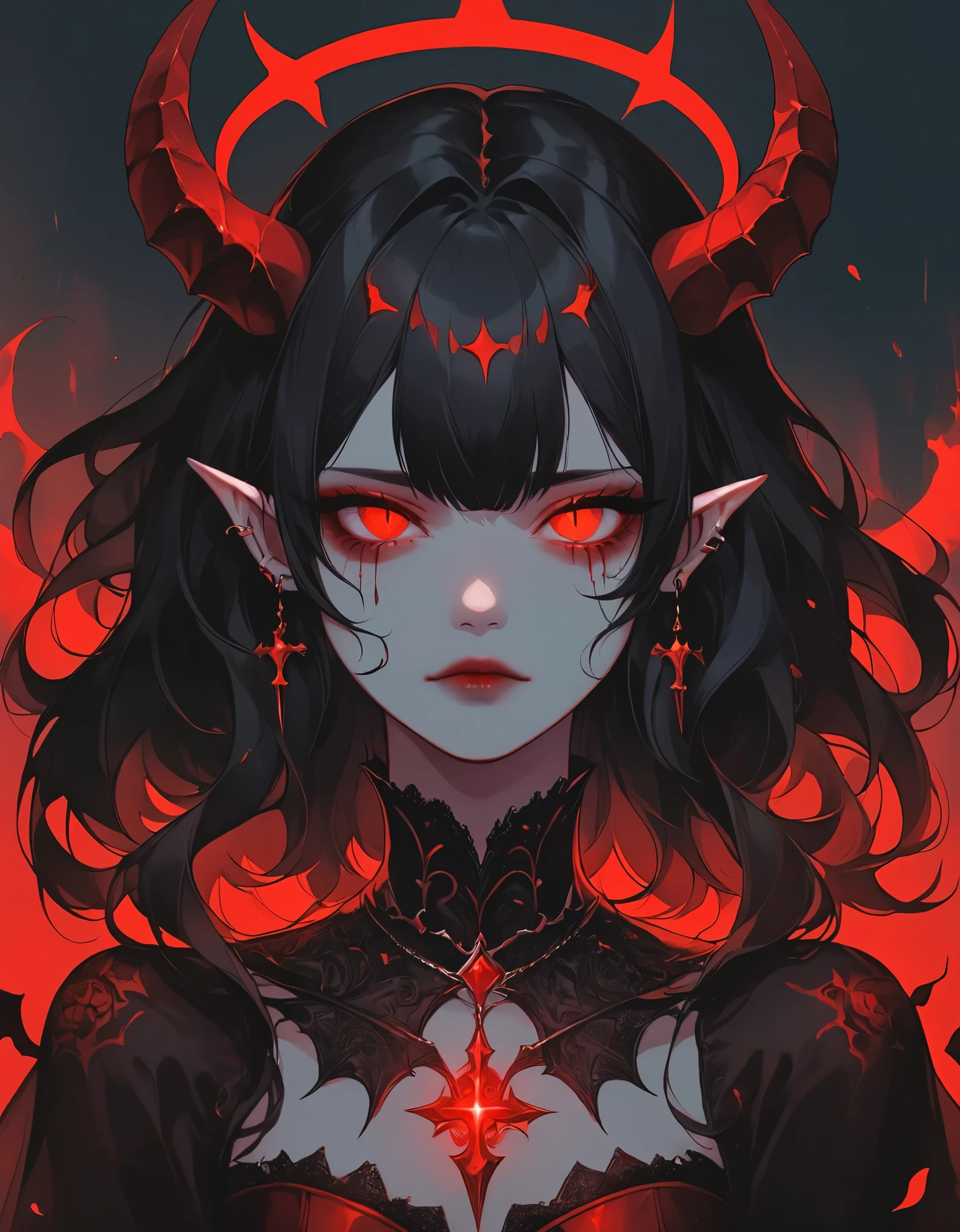 |1girl|(horns:1.2)|hhmge|monster girl|(black sclera:1.1)(slit pupils:1.1)|animal hands|(dark skin:1.2)(grey skin:0.9)(toned:1.1)|red eyes|(demonic third eye:1.3)