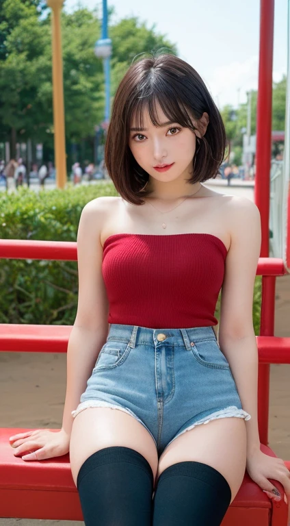Best quality, masterpiece, ultra high res, (photorealistic:1.4), raw photo, 1girl, short straight black hair, makeup, smile,looking at viewer, (red blouse off shoulder), bare midriff, blue jeans trousers, half body crop, forest, athletic body, dynamic pose, fingerless red gloves