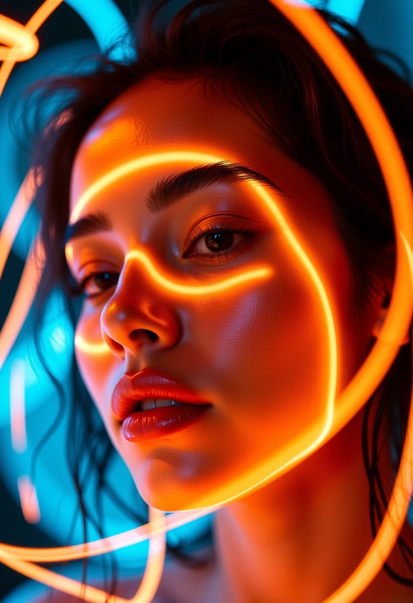 This is a photograph of a woman with a surreal, abstract aesthetic. The image is a high-contrast, light painting photograph that uses long-exposure techniques to create swirling, neon-colored light trails across her face. The woman's face is the focal point, with her eyes closed and her lips slightly parted. Her skin is a warm, golden tone, and her facial features are sharp and clear, despite the abstract overlay of light.