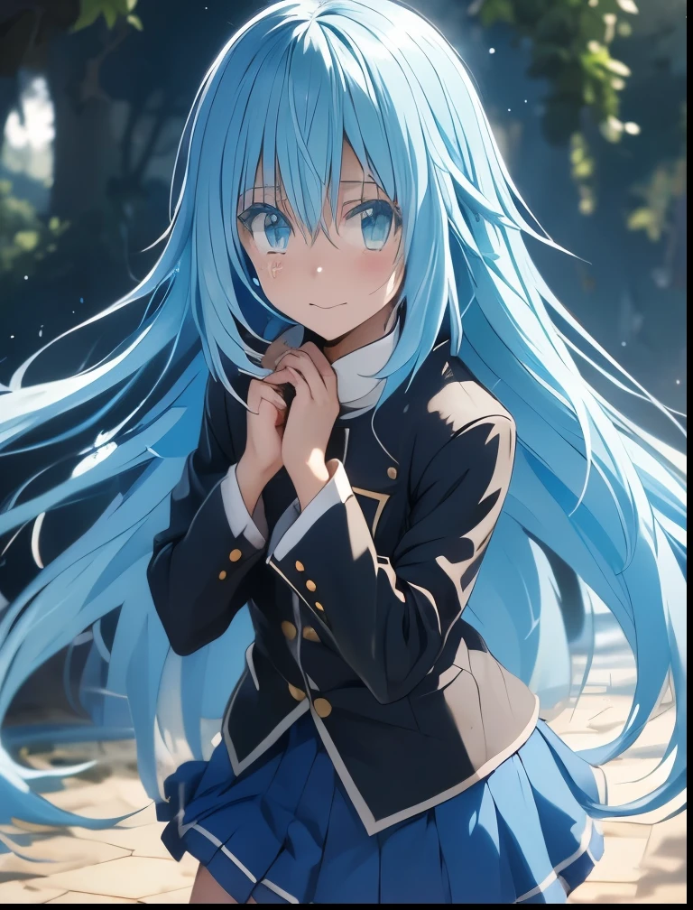 （（（ＳＦＷ、Precision、Highest quality、A first-class masterpiece、Normal body、8k、  Detailed Face 、Ultra-precision、 Normal hand、５refer to、Highest）））、-That Time I Got Reincarnated as a Slime-、Rimuru Tempest、Blue and silver hair、Golden Eyes、Feminization、Mini skirt school uniform、I hide my face with both hands and blush because I'm extremely shy、Run and run away while shedding tears and crying