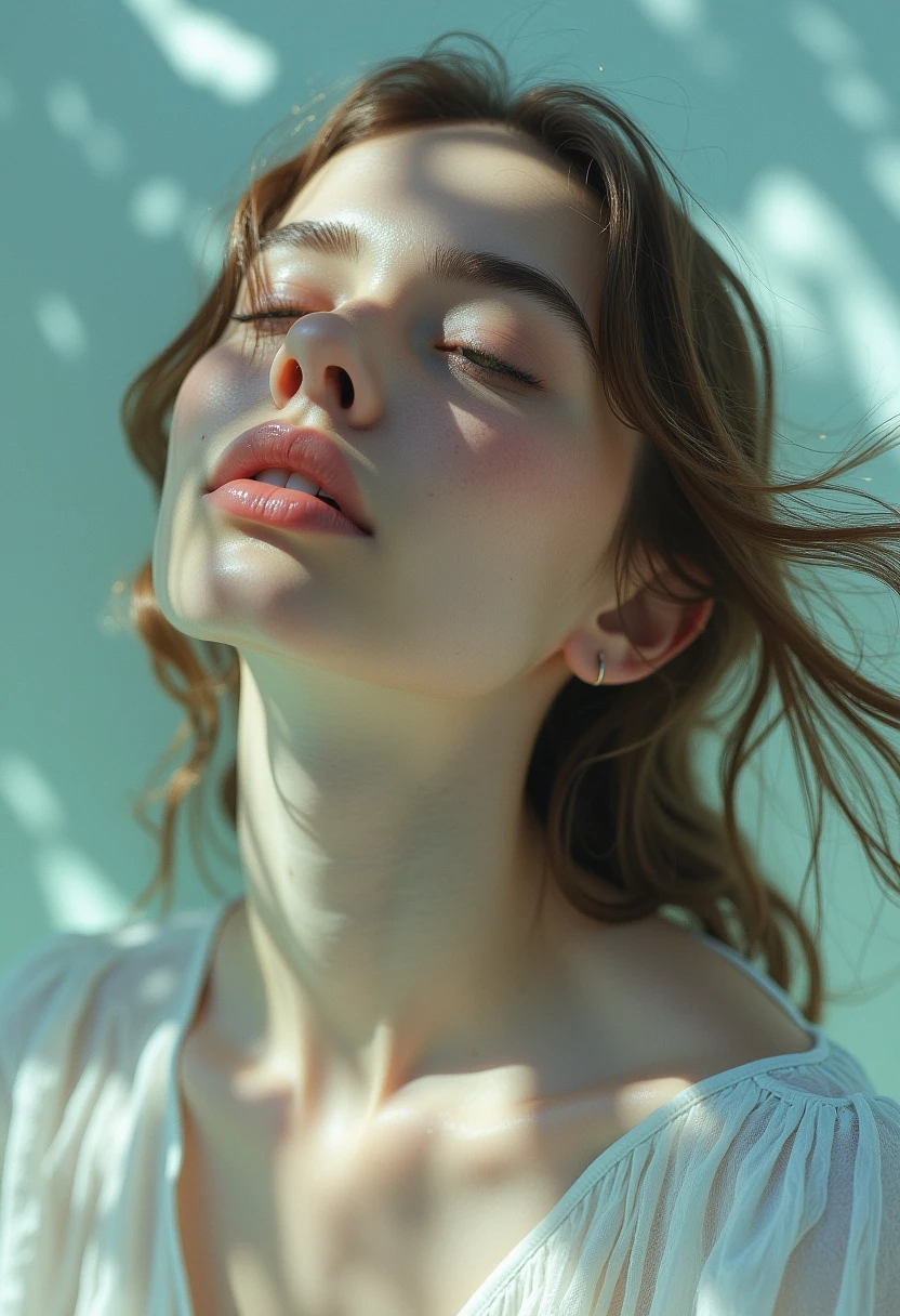 This is a surreal, digitally manipulated photograph of a woman with a striking, ethereal quality. The image features a young woman with light skin and a delicate, heart-shaped face, her eyes closed and her head slightly tilted back, suggesting a serene or meditative state. She has a light, natural complexion with a subtle blush on her cheeks. Her hair is a light brown, styled in loose waves that frame her face.