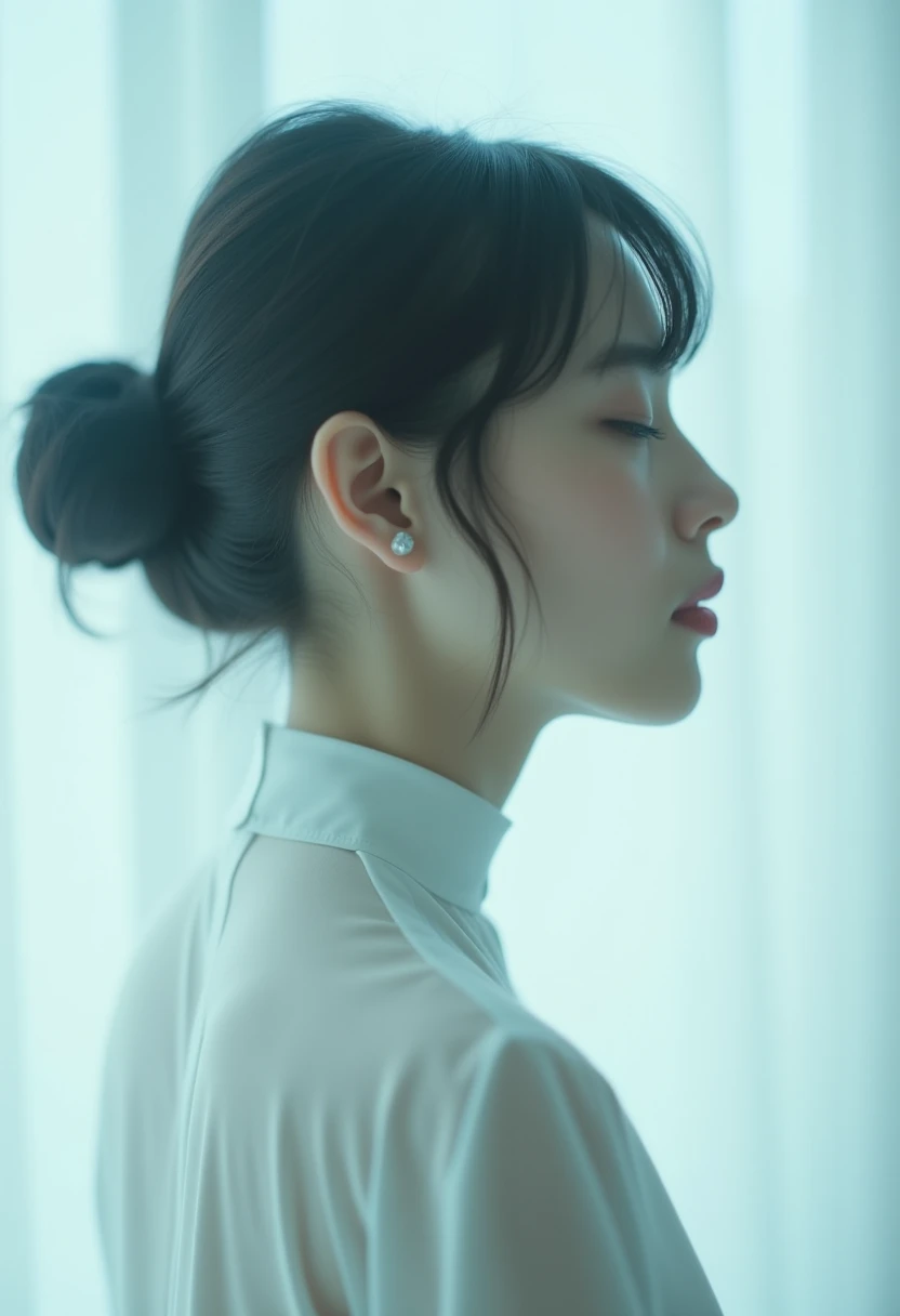 The image is a photograph featuring a woman with a serene, contemplative expression. The subject's face and upper body are captured in a double exposure technique, creating a ghostly, ethereal effect. Her dark hair is styled in an elegant, loose updo, with tendrils framing her face. She has fair skin and a delicate, symmetrical facial structure with high cheekbones and a small, straight nose. Her eyes are closed, giving an impression of deep thought or meditation.