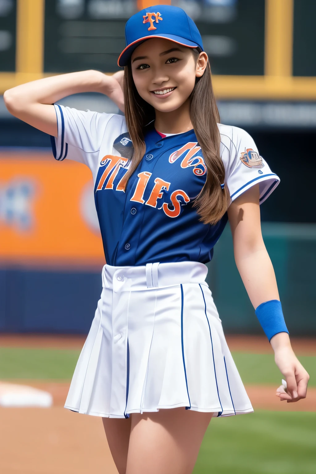 ((best quality)), ((masterpiece)), (detailed), 1girl,baseball player on baseball stadium,((clothed:1.1)),(New York Mets uniform),sexy blue with orange and white baseball uniforms,wearing blue baseball cap ,baseball mittens ,hold baseball bats,(pleated mini skirt )((huge breasts:2.0,see through:20,high leg micro pantie)),best smile,crossed arms,hold breasts,standing and style posing ,open legs,(beautiful pussy line),(Protruding pubic hair),