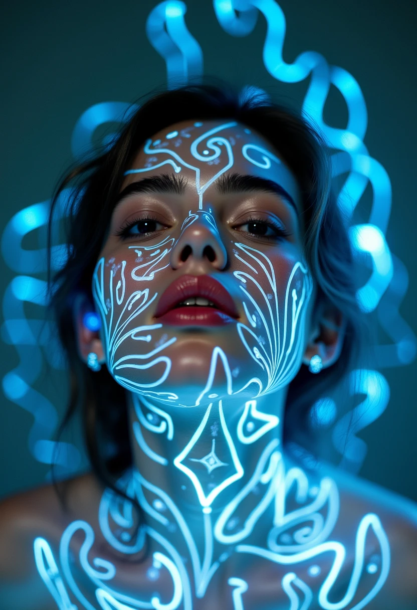 The image is a striking, high-resolution photograph of a woman with an abstract, surreal effect created by long-exposure light painting techniques. The subject is a woman with a light skin tone and dark hair, her eyes closed, and her lips slightly parted, giving an impression of serene contemplation or deep thought. Her face is the central focus, with her features prominently displayed, including her high cheekbones, full lips, and delicate facial structure.