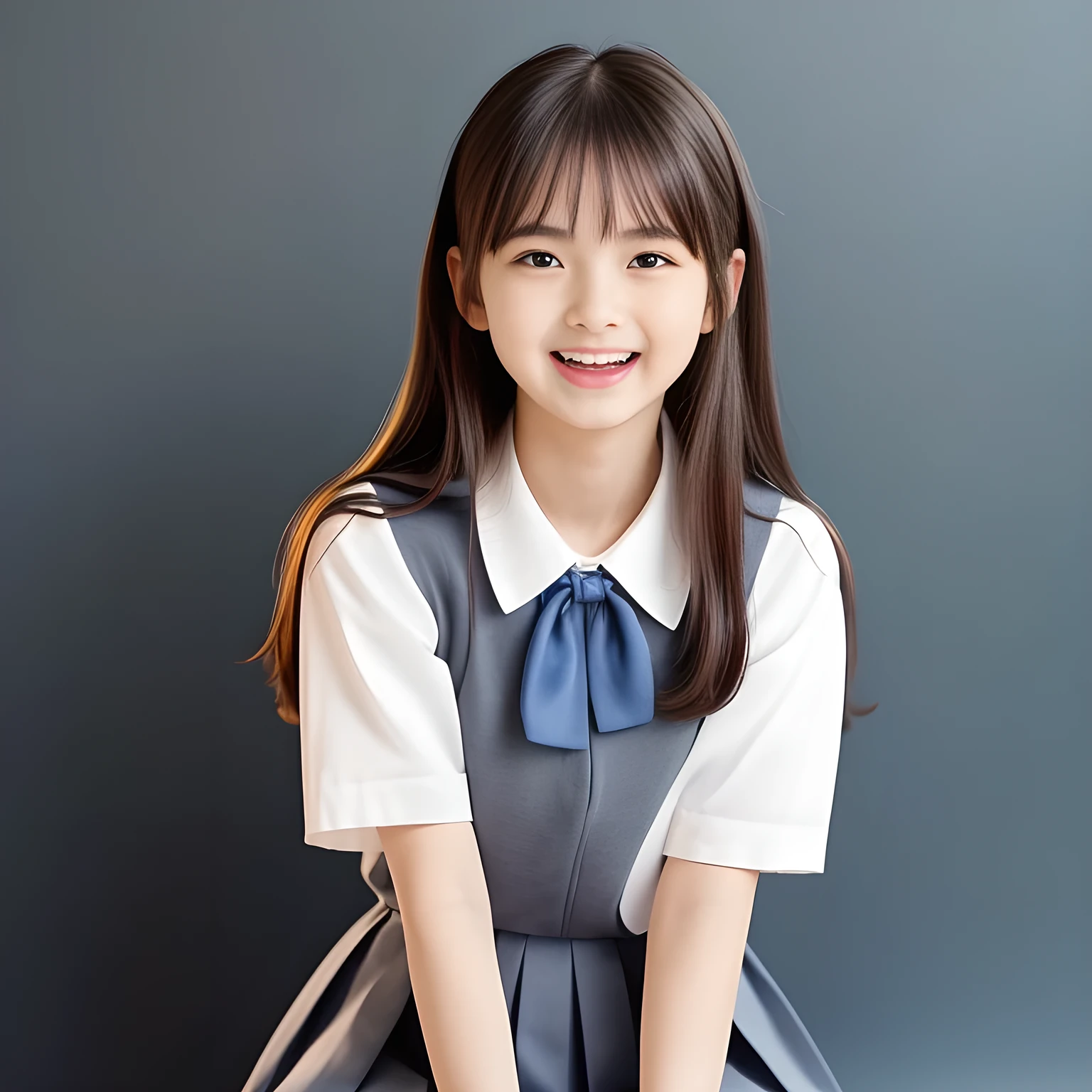 (Highest quality, masterpiece:1.2), Highest quality, High resolution, 1080P, 8k, height: 158cm, (A 13yo Japanese beautiful fashion model is seated, looking at the viewer, showing her cutest smile, very white face, using face-whitening cosmetics, prominent cool eyes, opened laughing giggling most open mouth, gray-gray-blue school summer uniform with gray-gray-blue vest and widely-boxed-pleats-short-skirt and silk blouse and red breast ribbon pulled by her hands, well-straitened super-super-long well-trimmed long hair: 1.5), (white thighs and knees: 1.7), (Well-balanced, prominent, lovely, drooping, double-eyelids, brown shiny large prominent eyes with detailed: 1.5), (gray-gray-blue school uniform with gray-gray-blue vest and boxed-pleats-skirt, short-sleeves silk blouse, glossy red breast ribbon: 1.5), ((Beautiful well-figured glossy opened lips like fortissimo soprano singer: 1.2)), (mature breast), (Girl whom everyone loves because of her beauty and beautiful eyes and lovely fashion and noble manner), (Very beautiful, glossy, cute neat black amazingly long hair, straight well-done long hair-style: 1.3), (Drives me crazy for her glossy neat long hair and Make me fall into love), (plain blue background: 1.6), (Best style like a 13yo fashion model, mature breast), (((Completely balanced beautiful big big eyes, looking at me))), (eyes, face and hair are especially beautifully detailed and beautifully drawn: 1.5), (Satisfactory best shot by professional famous photographer for school girl's beauty: 1.5), (The soft white light clearly shows her face extremely white: 1.2), (Very soft laughing cheeks, very soft hands pulling the breast ribbon down, People who touch it feel eternal pleasure: 1.2), (pure-pure, 13yo too much beautiful idol: 1.8)