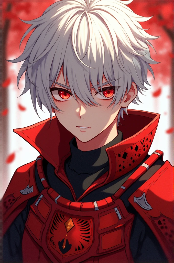 Anime type teenage boy with white hair with red tips, red eyes, a scar on his right eye, and black Evangelion pilot clothes with some red parts.