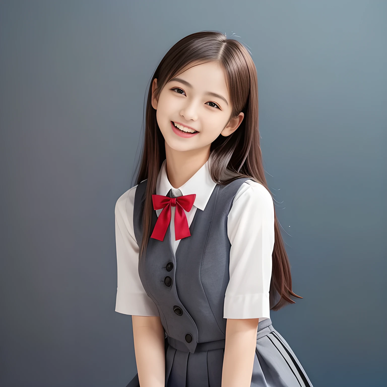 (Highest quality, masterpiece:1.2), Highest quality, High resolution, 1080P, 8k, height: 158cm, (A **yo Japanese beautiful fashion model is seated, looking at the viewer, showing her cutest smile, very white face, using face-whitening cosmetics, prominent cool eyes, opened laughing giggling most open mouth, gray-gray-blue school summer uniform with gray-gray-blue vest and widely-boxed-pleats-short-skirt and silk blouse and red breast ribbon pulled by her hands, well-straitened super-super-long well-trimmed long hair: 1.5), (white thighs and knees: 1.7), (Well-balanced, prominent, lovely, drooping, double-eyelids, brown shiny large prominent eyes with detailed: 1.5), (gray-gray-blue school uniform with gray-gray-blue vest and boxed-pleats-skirt, short-sleeves silk blouse, glossy red breast ribbon: 1.5), ((Beautiful well-figured glossy opened lips like fortissimo soprano singer: 1.2)), (mature breast), (Girl whom everyone loves because of her beauty and beautiful eyes and lovely fashion and noble manner), (Very beautiful, glossy, cute neat black amazingly long hair, straight well-done long hair-style: 1.3), (Drives me crazy for her glossy neat long hair and Make me fall into love), (plain blue background: 1.6), (Best style like a **yo fashion model, mature breast), (((Completely balanced beautiful big big eyes, looking at me))), (eyes, face and hair are especially beautifully detailed and beautifully drawn: 1.5), (Satisfactory best shot by professional famous photographer for school girl's beauty: 1.5), (The soft white light clearly shows her face extremely white: 1.2), (Very soft laughing cheeks, very soft hands pulling the breast ribbon down, People who touch it feel eternal pleasure: 1.2), (pure-pure, 13yo too much beautiful idol: 1.8)