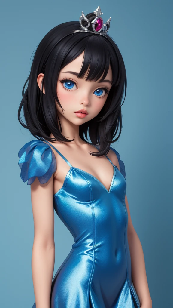 blue eyes, black hair, big lips, (flat chest), medium hair, (6year old girl), (very tiny body), blue princess dress, cleavage