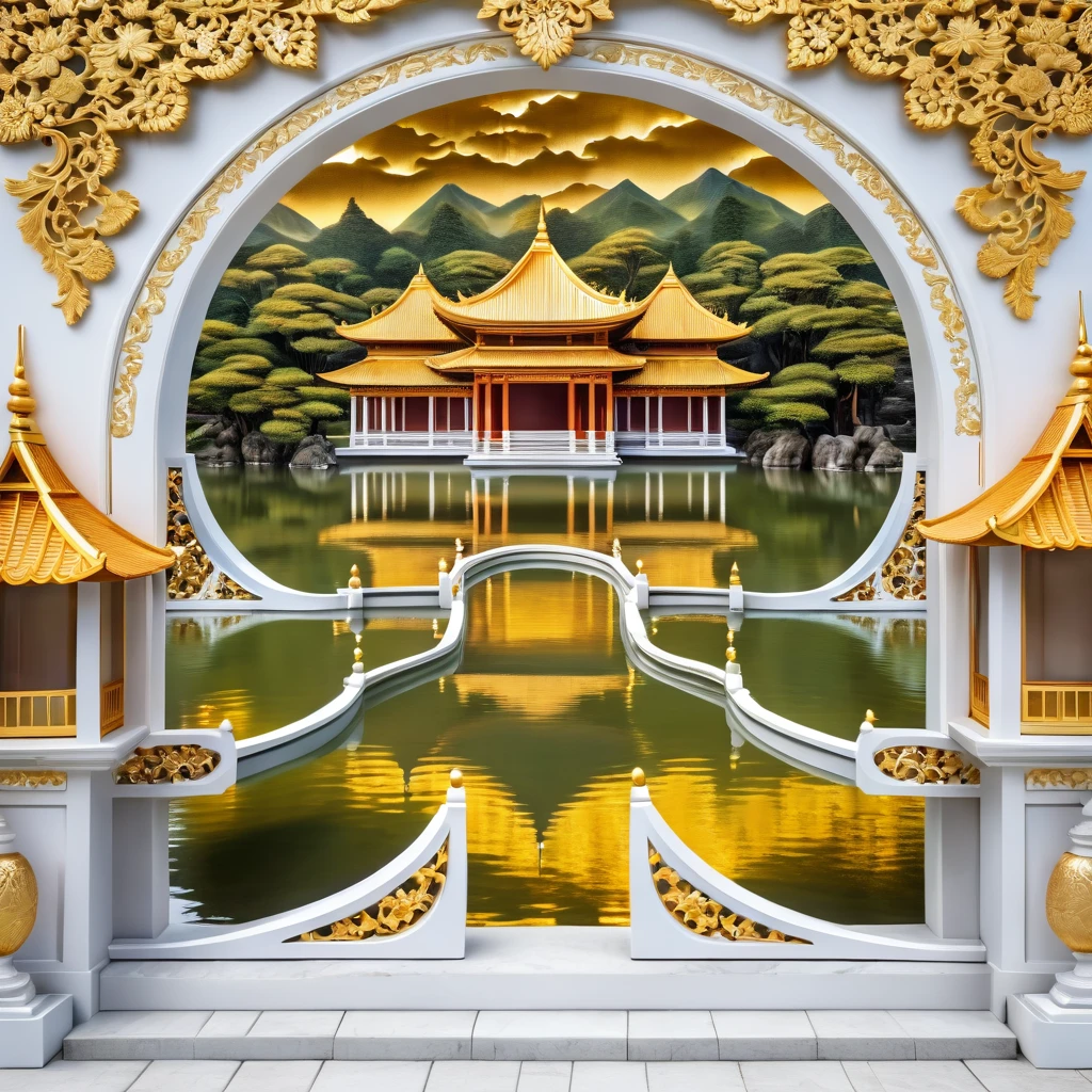 Gold relief,white background,Masterpiece,HD,16k,Architecture,landscape,Pavilion,