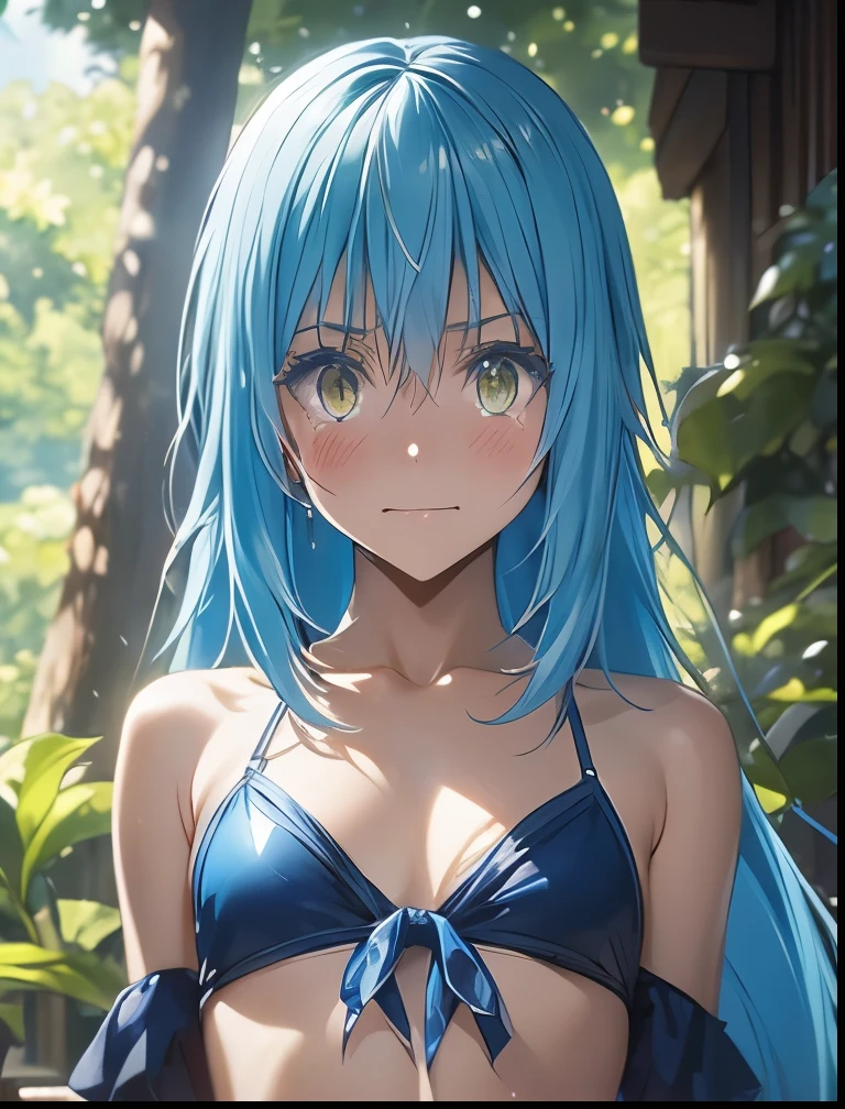 （（（ＳＦＷ、Precision、Highest quality、A first-class masterpiece、Normal body、8k、  Detailed Face 、Ultra-precision、 Normal hand、５refer to、Highest）））、-That Time I Got Reincarnated as a Slime-、Rimuru Tempest、Blue and silver hair、Golden Eyes、Feminization、racy bikini swimsuit、I hide my face with both hands and blush because I'm extremely shy、 Running While Shedding Tears and Crying