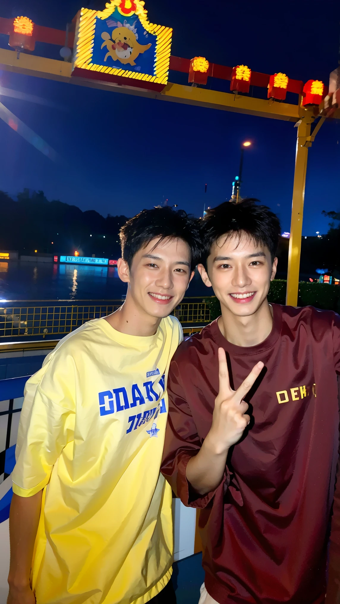 （Chinese handsome guy：1.5）， Two Men at an Amusement Park，night，Male Gesture ，  realistic details  ， Realistic photos，Textured Skin， looking at the camera ，18-year-old boy,studio,