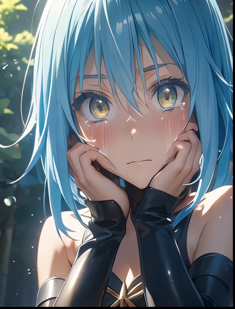 （（（ＳＦＷ、Precision、Highest quality、A first-class masterpiece、Normal body、8k、  Detailed Face 、Ultra-precision、 Normal hand、５refer to、Highest）））、-That Time I Got Reincarnated as a Slime-、Rimuru Tempest、Blue and silver hair、Golden Eyes、Feminization、Racy high-cut swimsuit、I hide my face with both hands and blush because I'm extremely shy、 Running While Shedding Tears and Crying