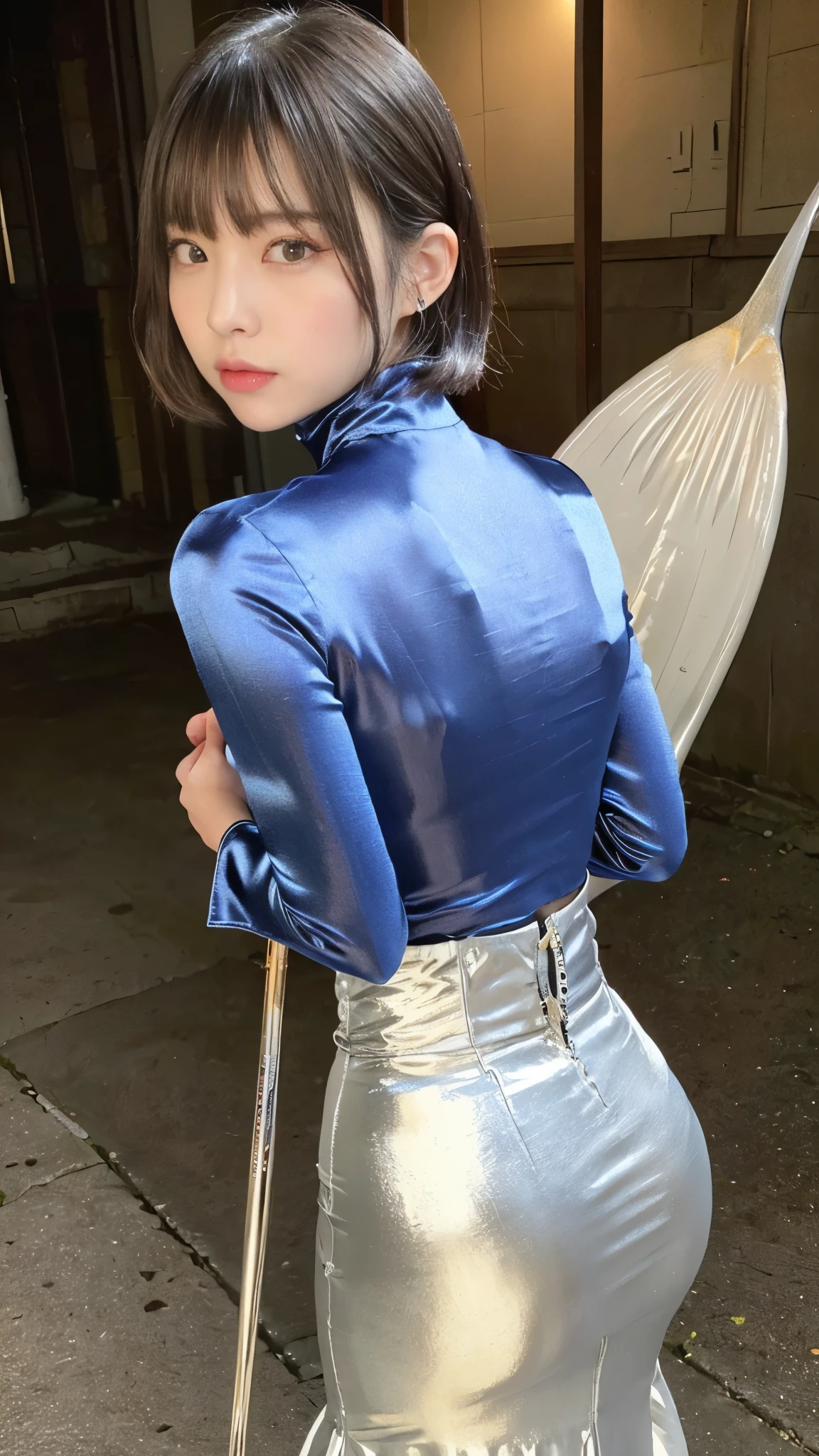 (masterpiece, Best Quality,    Ultra High Definition  ),  extremely detailed CG  , short bob hair with bangs、  beautiful and well-balanced face with chain scythe、(((  very pretty Japanese woman ))),(( satin high waisted mermaid pencil skirt)),(((  long skirt )))、((( Shiny Satin Fabric Long Sleeve High Neck Bodysuit )))、(Standing in an empty back alley on a dark night)