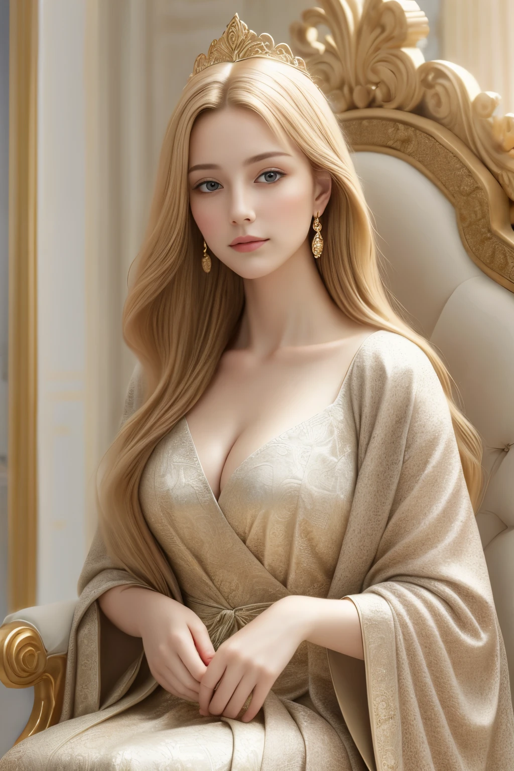 ( masterwork, award-winnin,ultra realistic),Exquisite hyperrealistic portrait, beautiful princess, 22yo,golden blonde hair, piercing blue eyes, seated gracefully, opulent throne, serene expression, elegance, refinement, richly adorned throne, intricate carvings, luxurious fabric, royal grandeur, lavish gown, shimmering fabric, cascades down to floor, gold embroidery, delicate filigree, flickering light.