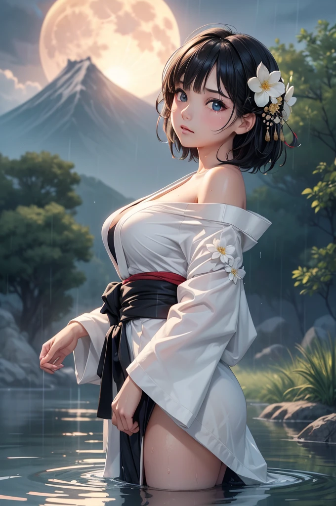 1girl, breasts, moon, lantern, night, solo, large breasts, hair ornament, wet, kimono, japanese clothes, wading, water, hair flower, flower, outdoors, sky, full moon, rain, black hair, off shoulder, mountain, cloud, holding, sash, bare shoulders, paper lantern, standing, white kimono, night sky, sideboob, obi, wet clothes, bangs, tree, from side, reflection, short hair, cloudy sky, wet hair (masterpiece),(extremely detailed cg unity 8k wallpaper),best quality,,solo,1girl,cinematic lighting,detailed background,beautiful detailed eyes,bright pupils, (an extremely delicate and beautiful),(beautiful and detailed eye description), ultra-detailed,masterpiece, , , (beautiful and clear background:1.2) (masterpiece:1.2, best quality), (finely detailed beautiful eyes: 1.2), ((1girl )), ((solo)), (red eyes:1.4), (finely detailed eyes and detailed face:1.3),), (with jeans and a white t-shirt or dress:1.3), (beautiful and clear background:1.2), (extremely detailed cg, ultra-detailed, best shadow:1.1), ((depth of field)), ((watercolor)), large breasts, bare shoulders, flowers and petals, beautiful concept illustration , (white background:0.5), (illustration :1.1), (extremely fine and beautiful:1.1), (perfect details:1.1), high quality, highres, detail enhancement, 8k, hd