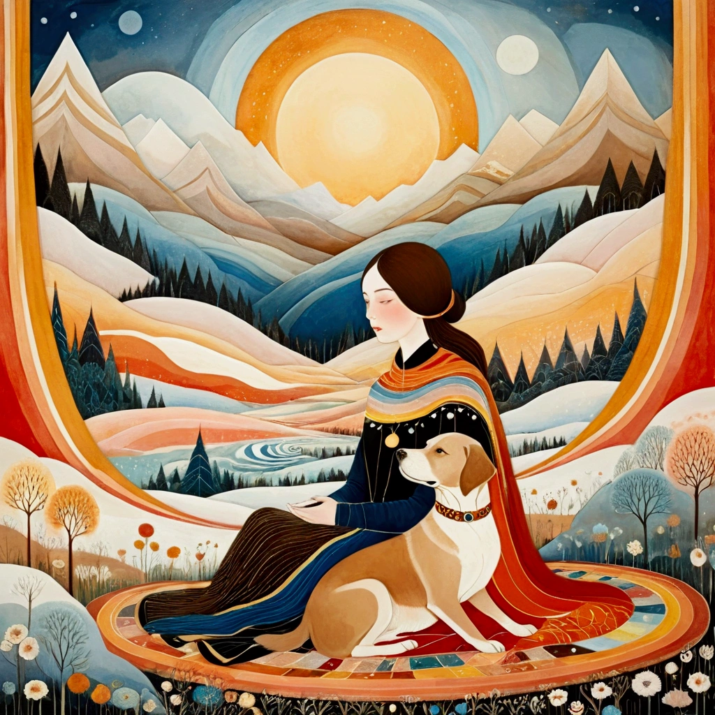 An illustration in the artistic manner of Laurel Burch, Sophie Wilkins, Hilma AF Klint, with skillfully dosed warm and cool colors, multicolored abstract bucolic landscapes, reminiscent of Golden Age illustrations, exuding sweet lyricism and romance. In a forest clearing in winter, a woman is sitting, together with her (brown) Labrador dog, on a large patchwork blanket. Behind her is a wide valley with high snow-capped mountains. Sky with irregular grunge rectangle pattern, sun disc in rectangles of different heights. Shades of colors, orange, red ochre, blue.
