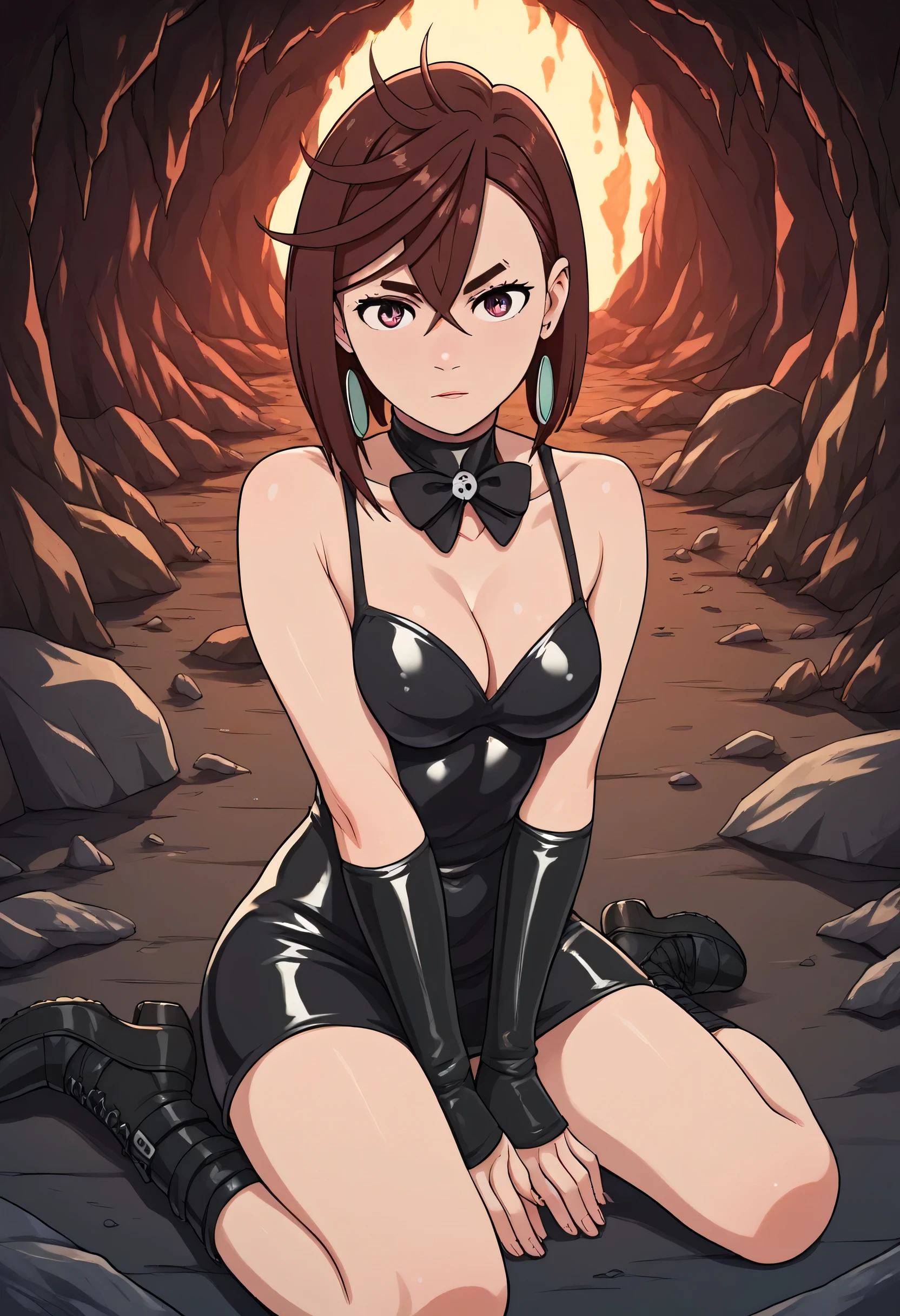 momo ayase, short hair, brown hair, brown eyes, bangs, thick eyebrows, medium breasts, gothic dress, latex, gothic theme, at a cave, she sitting on a tied demon, she fought and won againist a demon and now she is sitting on it, red face, looking at viewer