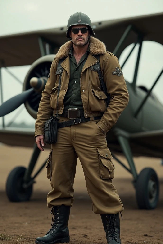 1940's style, standing at an airfield, standing in front of a American World War II bomber, B-29 bomber, TravisWade dressed as an American (World War II bomber pilot), (bomber jacket), (fur collar), olive drab shirt, trousers, olive drab socks, Russet brown shoes, officer's cap, bomber pilot, slight smile, looking at viewer, masterpiece, ((full body portrait)) <lora:TravisWade:0.8>