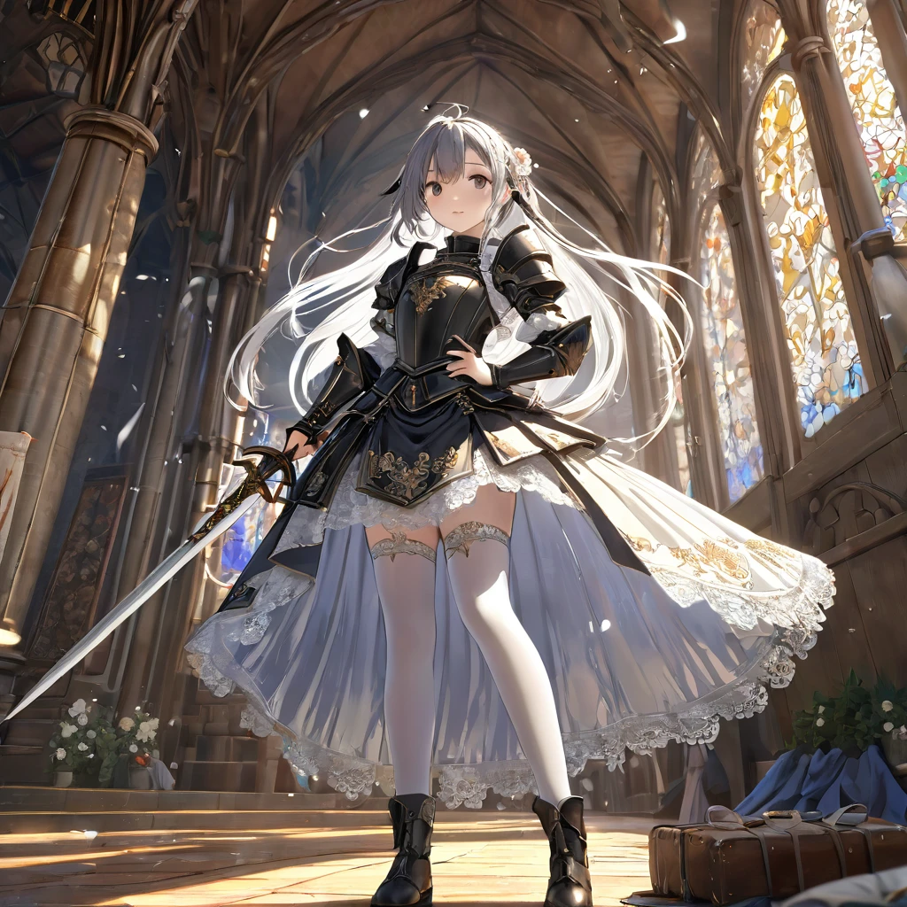 (  highly detailed CG octane rendering 8k wallpaper with a long spear ),  World's Most Beautiful Artwork ,  with a flag attached to a long spear, Complex,  high detail, ８  girls, Silver embroidery,  medieval long cotton dress（With panniers）, Cotton fabric,  raise my skirt , Strong winds, Transparent slip, Translucent Tights , Peeking from below, Best Quality, Disarray of clothing,  lies down, underwear,  show off your thighs, Knight , Skirt lining, Bloomers、Leather Armor、Full body shot seen from below 
