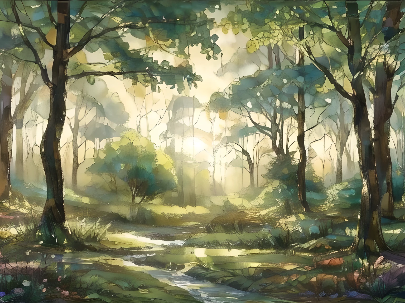 Light in the Fores, Morning Light, tree々Light shining in between, Soft, haze, Quiet Beauty, Crystal clear light, Refreshing Forest, Oil pastel