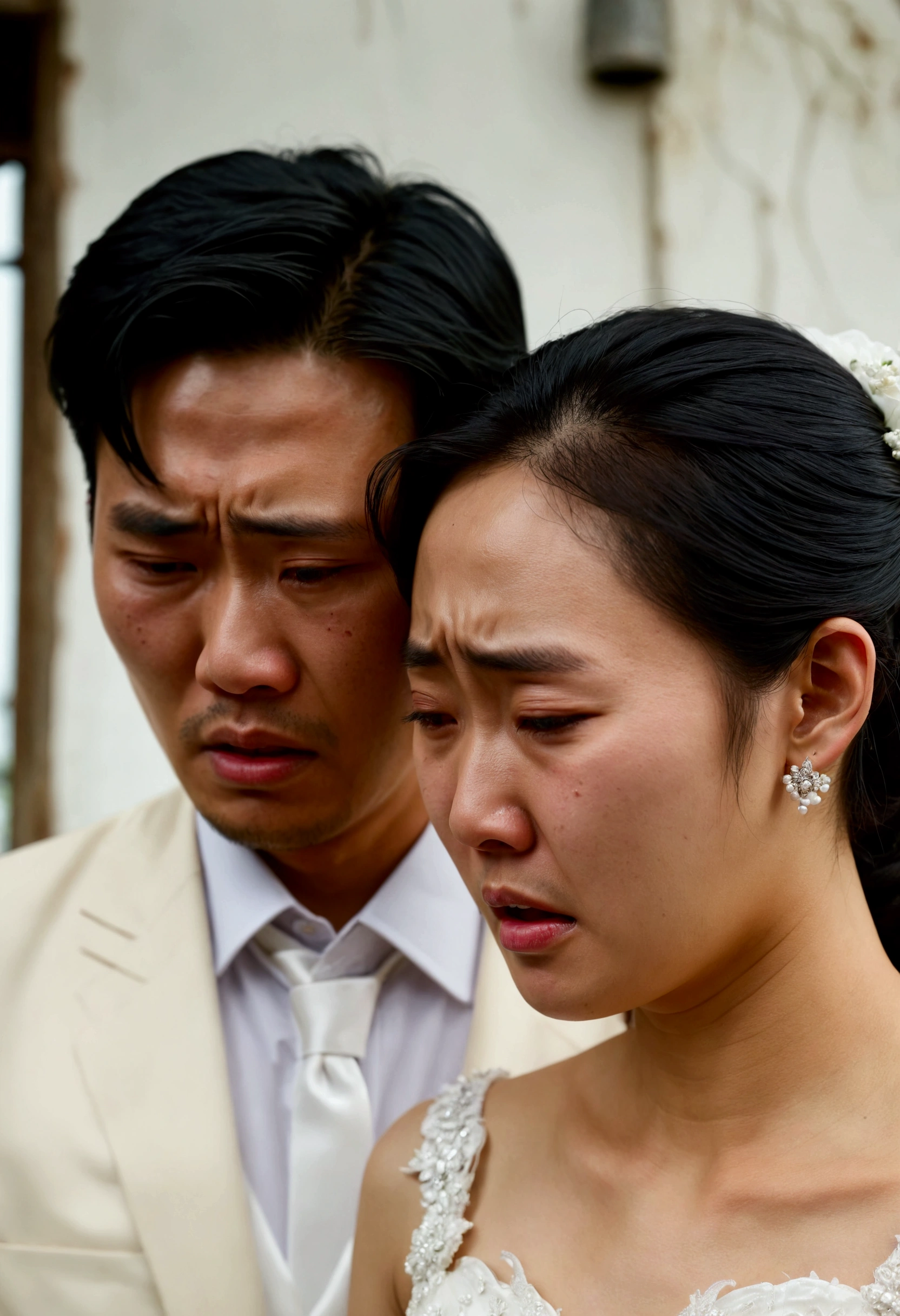 a Korean male  and female wearing a wedding dress crying face close up fed up sad angry and face turn site way and other thai man by his site
