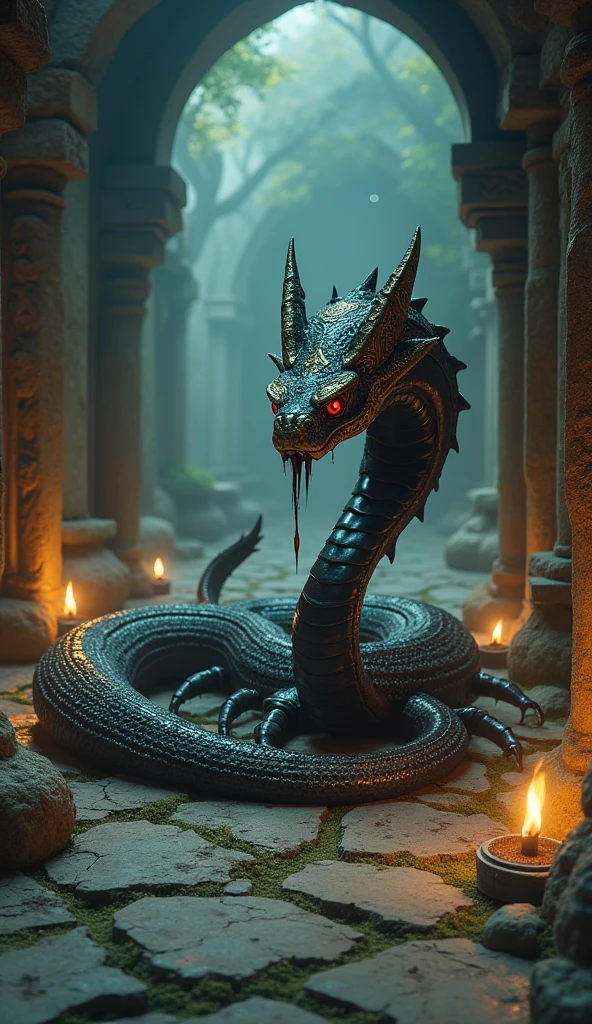 Black Cobra Basilisk , he is in a tower full of greek statues in the underworld with red light