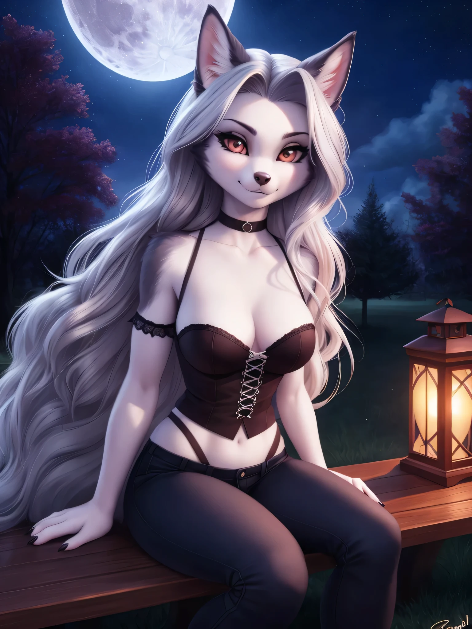 By iskra, by wolfy-nail, by personalami, Helluva Boss, Loona Hellhound, Loona, female, (detailed), view of the viewer, fluffy, solo, 1 girl, high resolution, photorealistic, cute-looking, embarrassed looking, ((clear structural details)), detailed realism, slim, soft, 4k, excellent quality, high details, (seductive), detailed fur, in the city park, sitting on bench, at night, lantern, full moon, tight jeans pants, closed jack