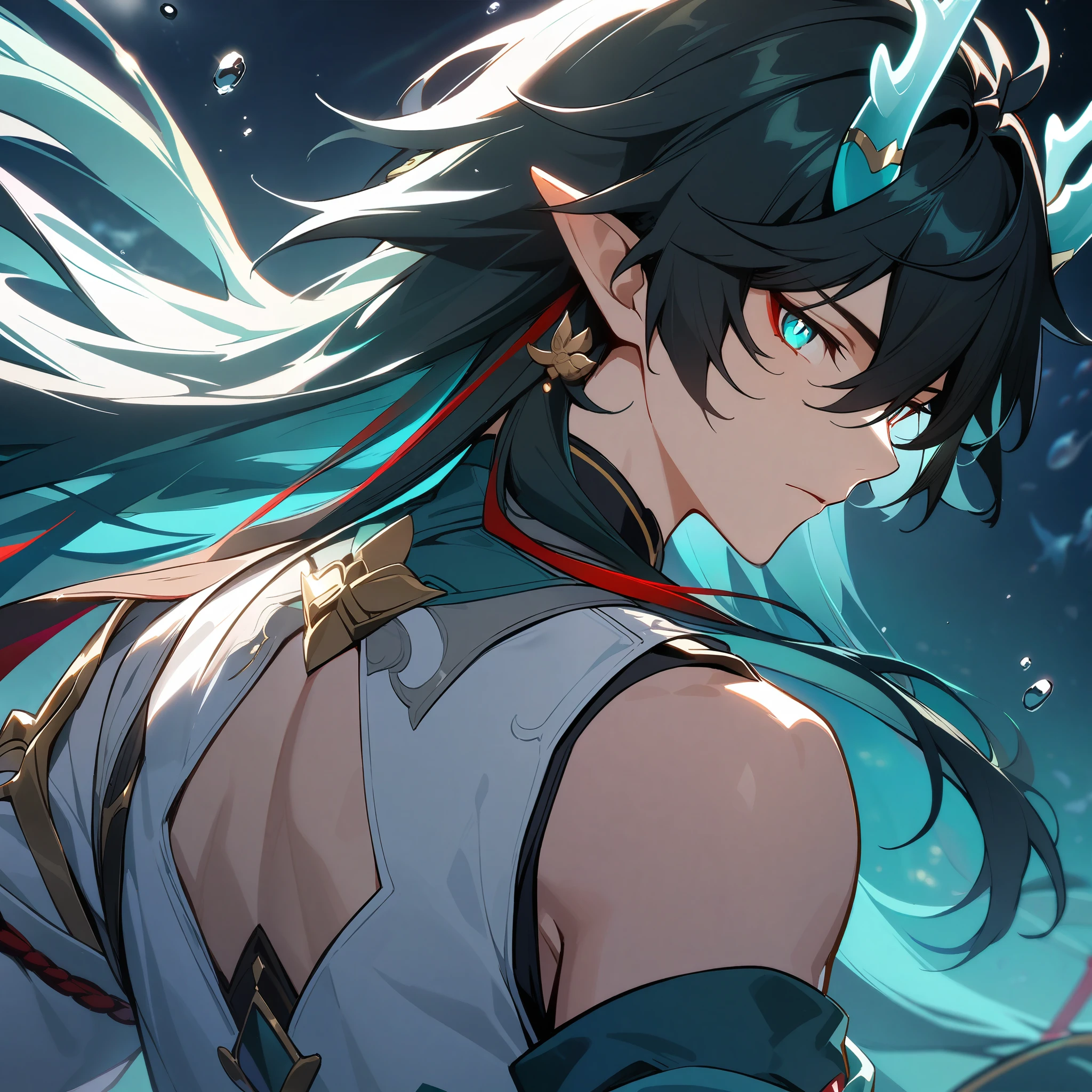 1boy, dan heng, imbibitor lunae, dan heng IL, honkai star rail, elf ears, long hair, black hair, horns, underwater, dark green background, hd eyes, close up, back turned, looking left, (beautiful and aesthetic:1. 5), best quality, high quality,  super detail, best quality, ultra-detailed,dynamic lighting, HD,