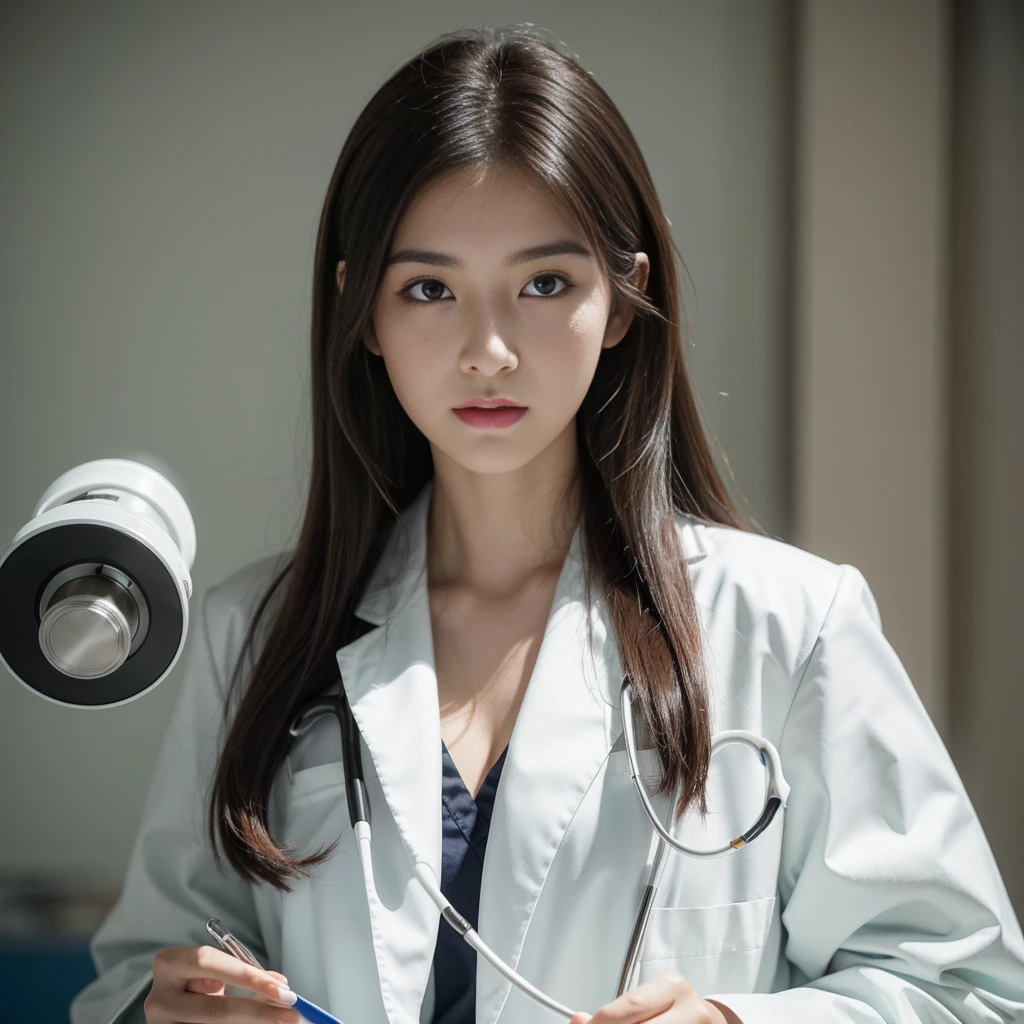 woman, masterpiece,  sharp concentration, Best Quality,  faces with a depth of writing ,  Movie Lighting, The white coat over the scrub ,  hospital exam room , Stethoscope, Long Hair, 