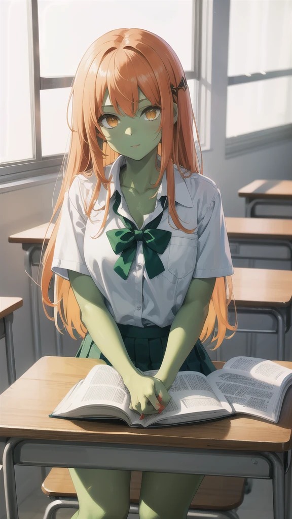 1 Girl, Miss, Mudstone ( tomorrow's ark ), Orange eyes,  alone, There is only one person， Long hair,  bangs,Orange hair ， to a standing, Mudstonedefclass, HD， best quality，Skin of color，Green Skin，Sharp nails， green nails ，Green Skin，Green Skin，Green Skin，Green Skin，Green Skin，Green Skin，Green Skin，School Uniform，classroom，Sitting at the table，cold