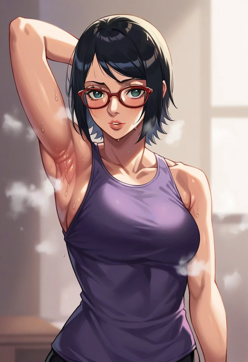 , Naruto art style, Sarada Uchiha, short hair,  Black Hair , ( dark eyes:1.3),Glasses,  (Sweep Bang:1.1),Armpit，Armpit smell,Armpit sweat，脇の皺,bedroom,(steamimg,steam:1.1)， Red clothes