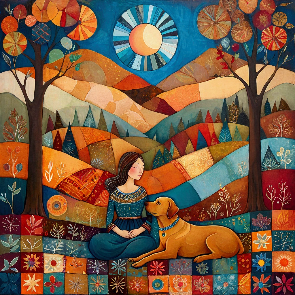 An illustration in the artistic manner of Laurel Burch, Sophie Wilkins, with skillfully dosed warm and cool colors, multicolored abstract bucolic landscapes, reminiscent of Golden Age illustrations, exuding sweet lyricism and romance. In a forest clearing in late autumn, a woman is sitting, together with her (brown) Labrador dog, on a large patchwork blanket. Behind her is a wide valley with high snow-capped mountains. Sky with irregular grunge rectangle pattern, sun disc in rectangles of different heights. Shades of colors, orange, red ochre, blue.
