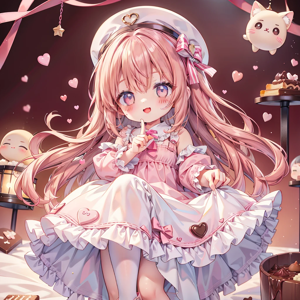 score_9,girl,Chocolate Fairy 、Chibi Cupid 、cute、The best composition、Mysterious、 absurd、 perfect anatomy、cute神様、cute、cute、Handsome face、Baby Face、（ beautiful eyes、 detailed eyes on board）、（ best detail 、The best configuration、 perfect anatomy）、 small silk hat 、Front、 facing the viewer、 one girl playing pranks, best quality、masterpiece、official art、Super detailed、 very beautiful、Pink and brown two-tone hair color、baby face、 long boots for stepping on bread,houndstooth、smile、、Valentine、Heart chocolate 、 pink and brown dress 、 background chocolate color and pink tartan check、 chocolate fondue 、Picture frame is pink ribbon 、aboxofkawaii 