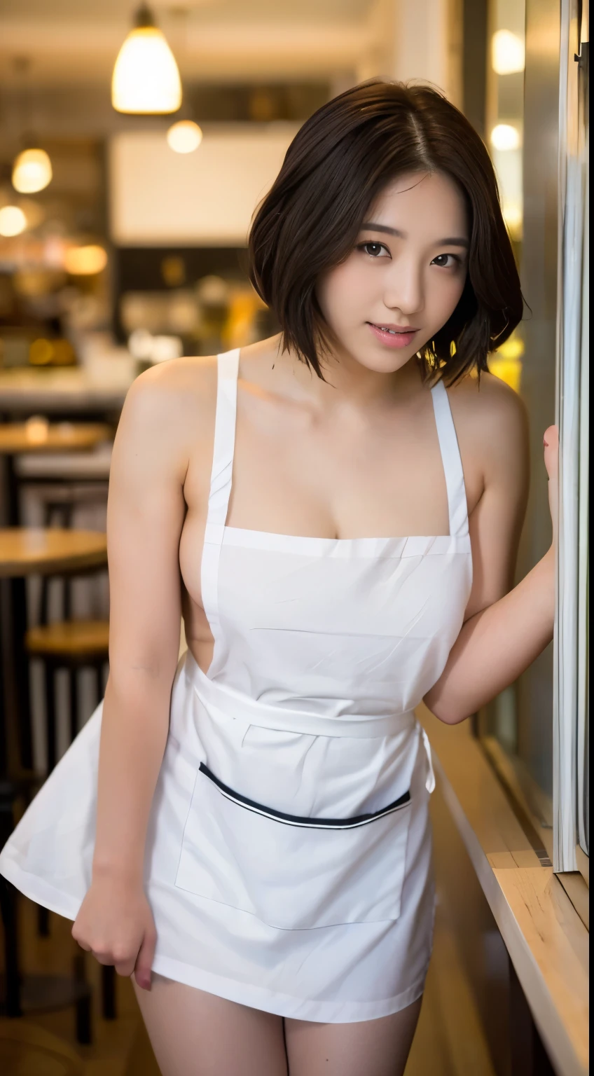 ((top quality, 8k, masterpiece: 1.3)), 1 beautiful Japan girls, beauties with slender abs: 1.3, (medium short hair, big: 1.2), (white naked apron: 1.3), ultra-detailed face, detailed eyes, double eyelids, café background, leaning forward, hands on knees,