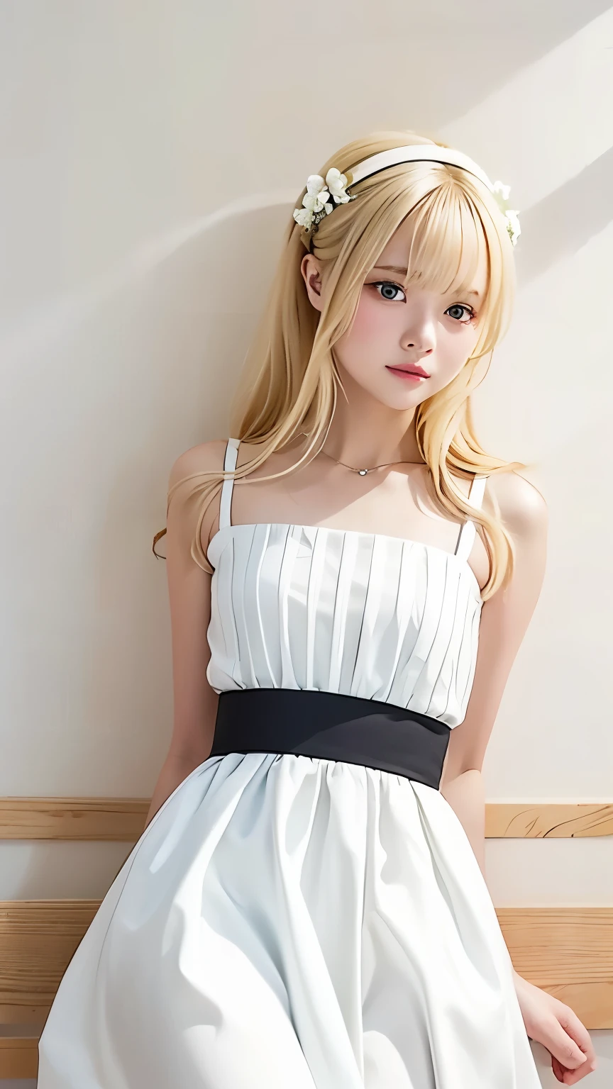 (((Blonde、forehead、White background、シンプルな無地のWhite background、Frills、race)))、Highest quality, White skin, Real human skin, (Detailed face), Oval Face, pores, Ultra-high resolution, (8K, RAW Photos, Realistic:1.4), One girl, slim, (She looks straight at the viewer with a calm, goddess-like happiness.:1.2), (Lifter Gloss, eyelash, Shiny surface, Highest quality, Ultra-high resolution, Wide lighting, Natural Shading), Teacher Fashion, No sleeve, dress, Put your arms behind your back:1.3, Bokeh, Depth of written boundary, Cowboy Shot:1.3,