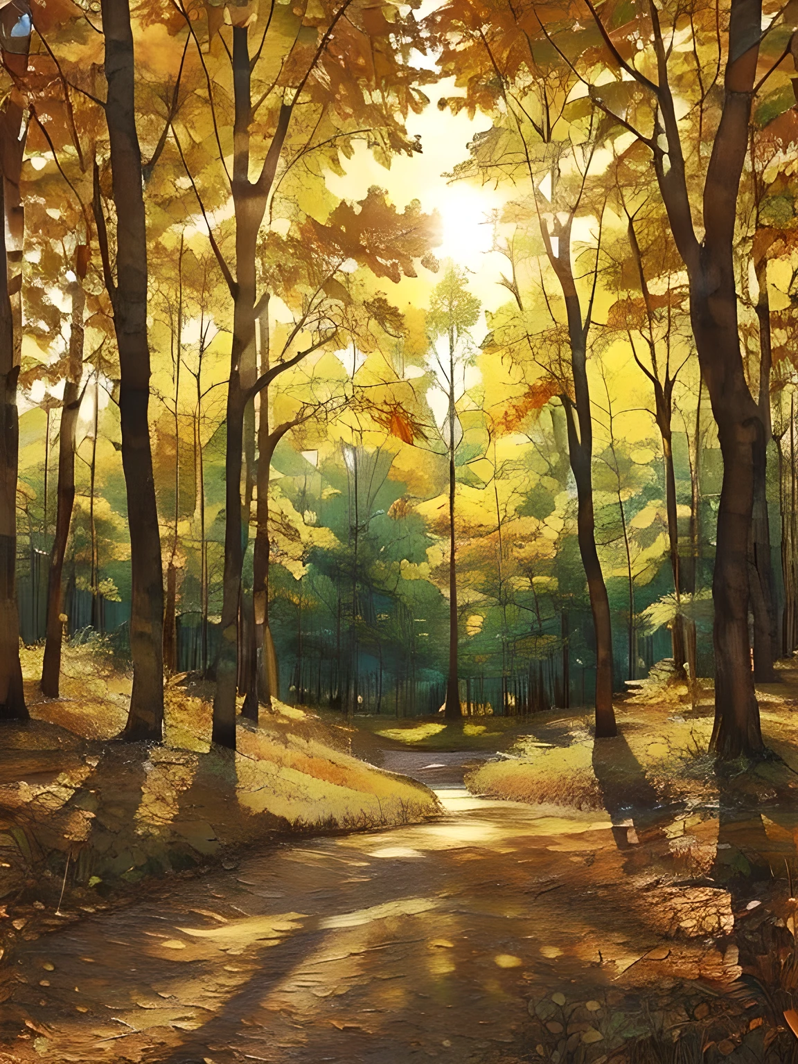 Light in the Fores,  Warm Orange Light ,  sunlight filtering through the trees, Silent Forest, Clear Leaves , Quiet Beauty,  Sunset Forest