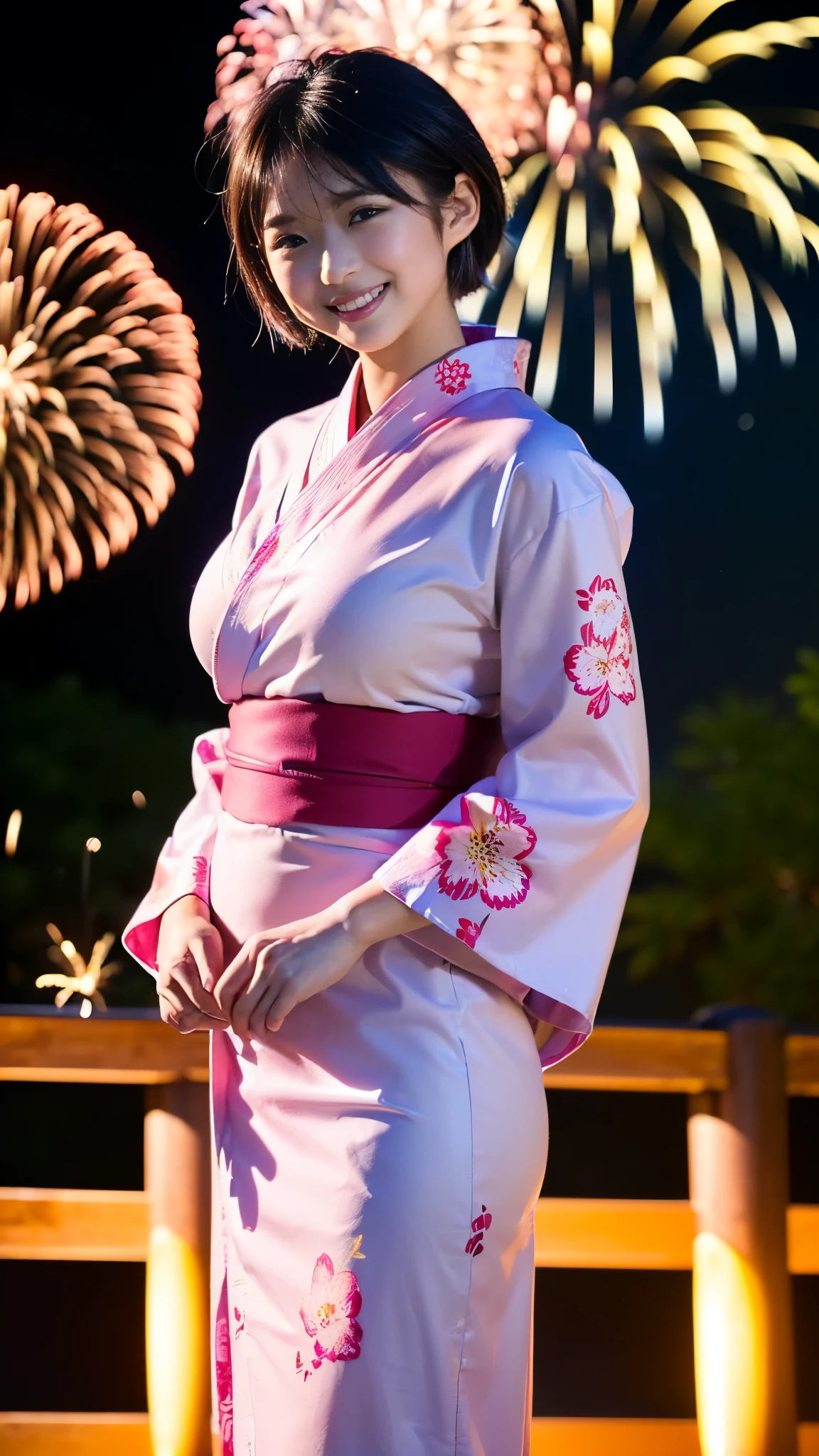 Best Quality,masterpiece, Ultra High Definition , highdefinition RAW color photo, professional photos , natural skin texture, fine skin, Hyperrealism , Japanese Women,(smile, short cut hair,(((pink long sleeve yukata with flashy floral pattern,arms at sides ))),(((Night Sky,Summer Festival,Fireworks in the sky,A large number of people))),gigantic breast