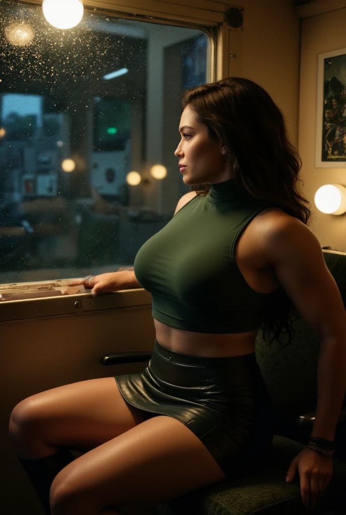 A mid-distance shot of a stunning woman, a bodybuilder with a toned physique, sits beside the train's window. The dark night outside is illuminated only by the dim artificial light within, casting a warm glow on her beautiful face. Her long, jet-black hair floats around her almond-shaped eyes, which gaze out into the darkness. She wears a dark green turtle-neck crop top that accentuates her muscular back and shoulders, paired with a short leather skirt and dark green stockings underneath that emphasize her toned legs. She wears rebel boots. The raindrops at the window add a touch of serenity to the scene as she loses herself in thought, surrounded by the warm colors of the Asian-inspired niji style.,mslaura