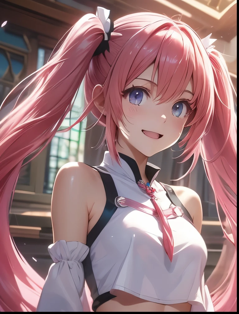 (((SFW、Precision、Highest quality、A first-class masterpiece、Normal body、8k、 Detailed Face 、Ultra-precision、 Normal hand、5refer to、Highest)))、-That Time I Got Reincarnated as a Slime-、Milim Nava、Pink hair、 Twin Tails、Put your hands on your lower back and laugh
