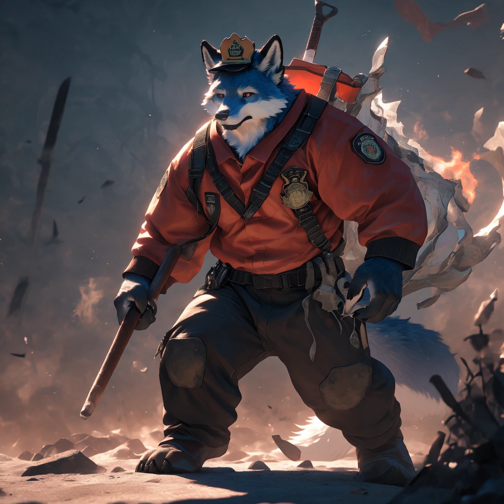 cinematic dramatic lighting, anthropomorphic fox, 1 fox, firefighter suit, scythe weapon, crown hat, intense battle scene, realistic, photorealistic, ultra-detailed, 8k, masterpiece, highly detailed, sharp focus, award winning digital art, vivid colors, volumetric lighting, dramatic shadows, stunning composition