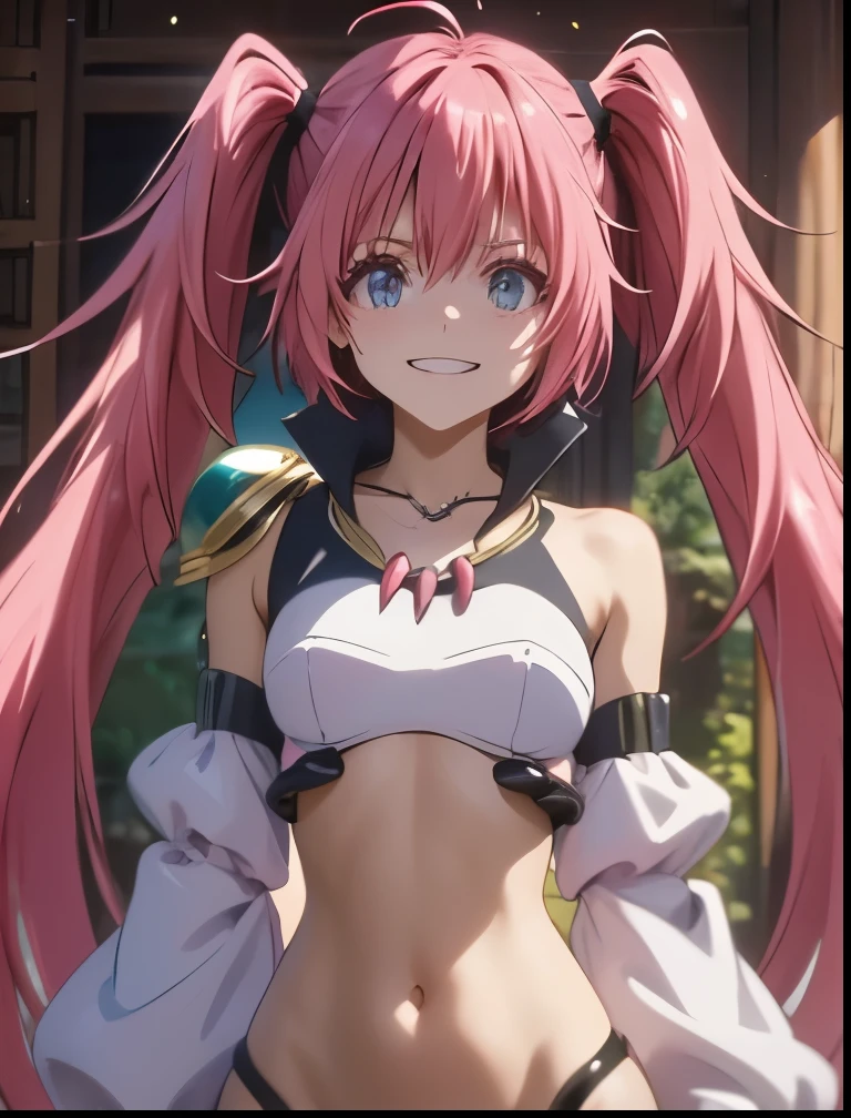 （（（ＳＦＷ、Precision、Highest quality、A first-class masterpiece、Normal body、8k、  Detailed Face 、Ultra-precision、 Normal hand、５refer to、Highest）））、-That Time I Got Reincarnated as a Slime-、Milim Nava、Pink hair、 Twin Tails、Put your hands on your lower back and laugh