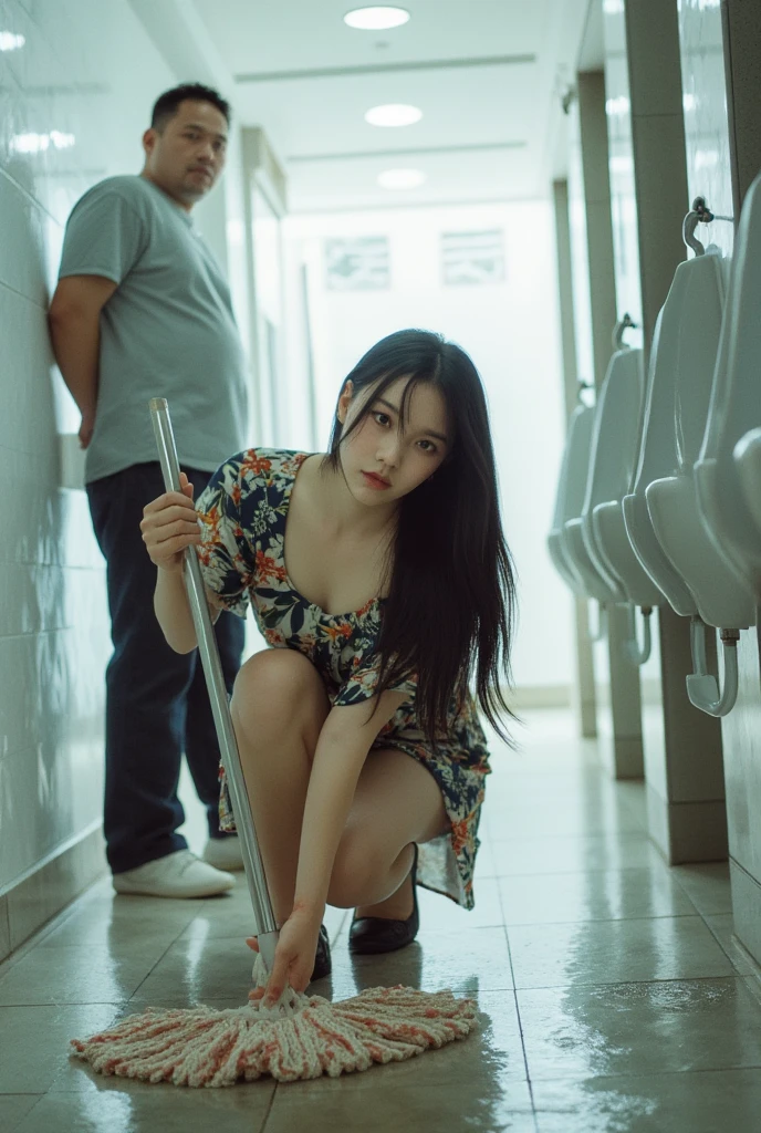 (photorealism:1.2), beautiful asian woman, slightly cubby, looking at the camera, wearing loose floral short slit dress, small breasts, nipple slip, full body shot, long shot, long black hair, crouching to mop the wet floor in a public toilet and three man is using urinoir behind her, bright lighting, realistic