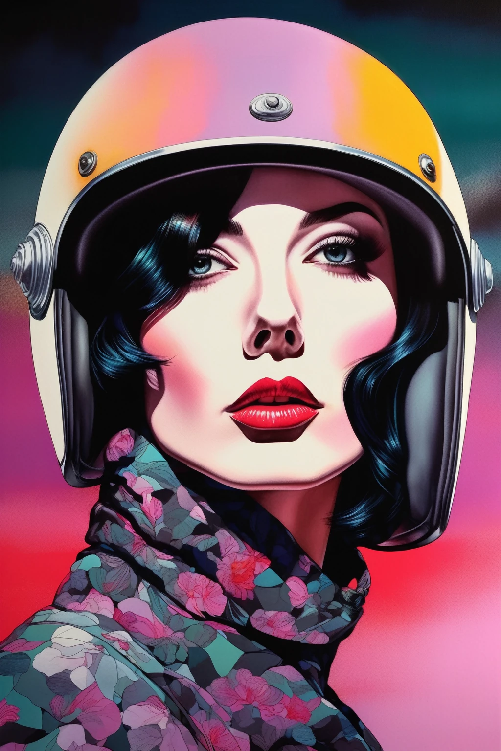 chiaroscuro technique on sensual illustration of an elegant woman, vintage , eerie, matte painting, by Hannah Dale, by Harumi Hironaka, extremely soft colors, vibrant, highly detailed, digital artwork, high contrast, dramatic, refined, tonal, revealing underlayers, abstract landscape wearing an enduro helmet with bright colors
