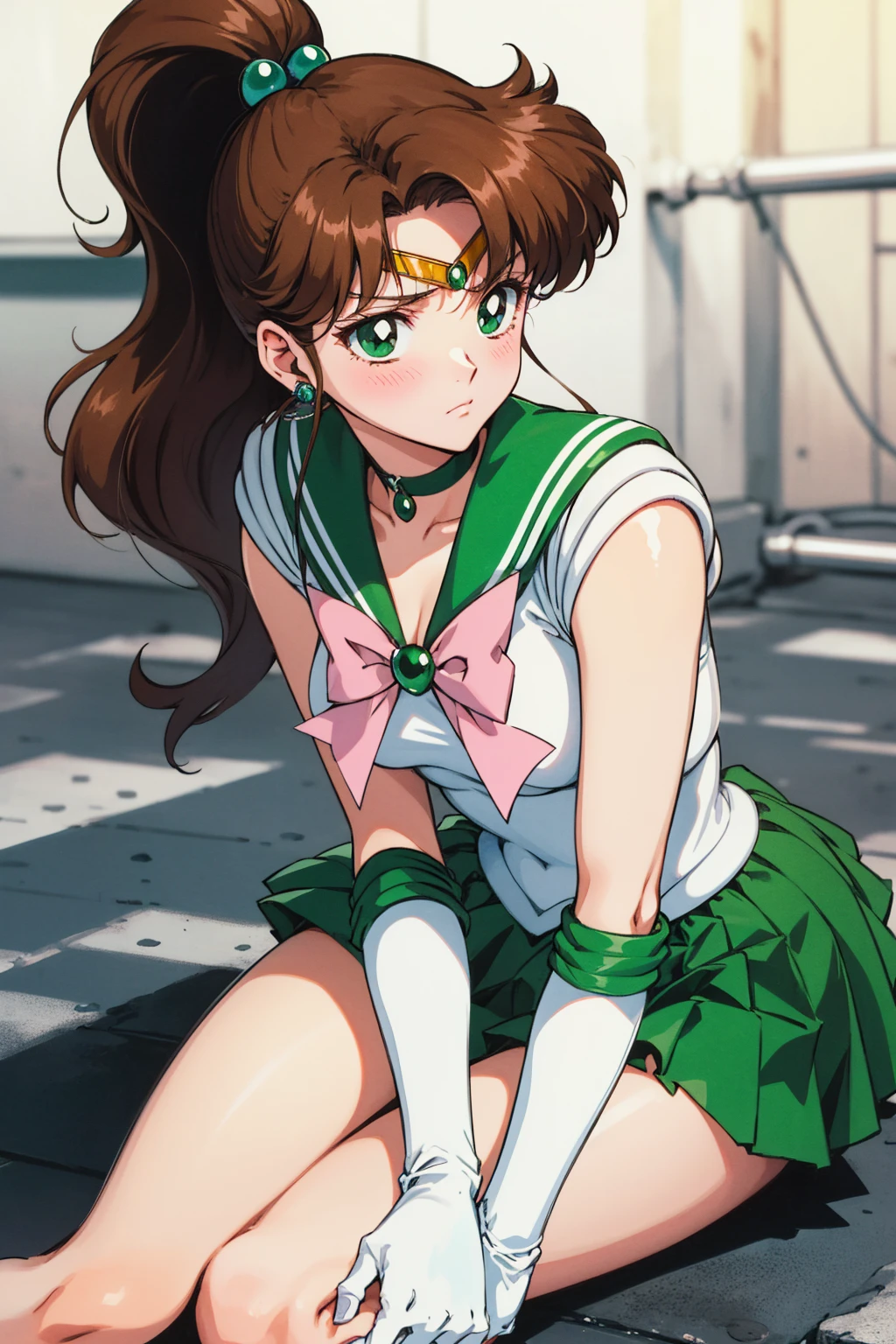 Best Quality,  high resolution on down, 1990s \( style \), retro art style , 1990s anime cels  style ,  Sailor Jupiter,  Fighting ,  sailor warrior uniform , Green sailor collar,  white gloves,  sitting on the floor with her knees open ,  Pink Ribbon ,  ponytail,  jewellery, Earrings、(Torn clothes、)、Dynamic、Ruins where Fighting 、Torture scene、 torture room、Woman being tortured、tears、blush、 sad