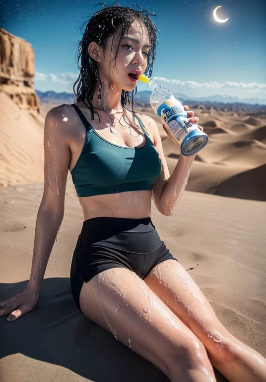 high resolution, live-action, Real, 4K, roof top jeep, A beautiful woman in her 30s driving, One Woman, Cigarette in mouth, Cigarette smoke, Ample breasts, ponytail, Olive drab tank top, 背景はdesert, Sprint, Sand Dust, desert, Bright sunshine, Hair swaying in the wind