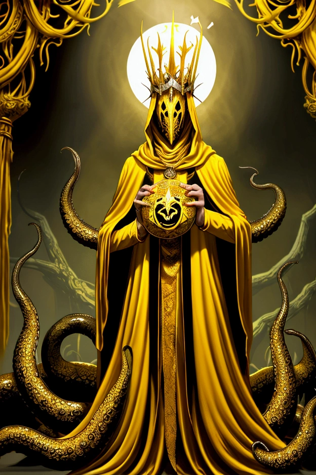 a painting of a man dressed in a yellow robe and a crown, hastur the king in yellow, yellow-robed cultist, king in yellow, a professional digital painting of the king in yellow wearing a tattered yellow cloak standing in a ballroom gripping a medallion in his claws, (white porcelain mask:1.05),painting of the king in yellow wearing a cloak and a mask, antlers, crown, cosmic background, gold and white and black color scheme surrounded by a mass of writhing tentacles, ornate baroque ballroom background, antlers, crown, high quality