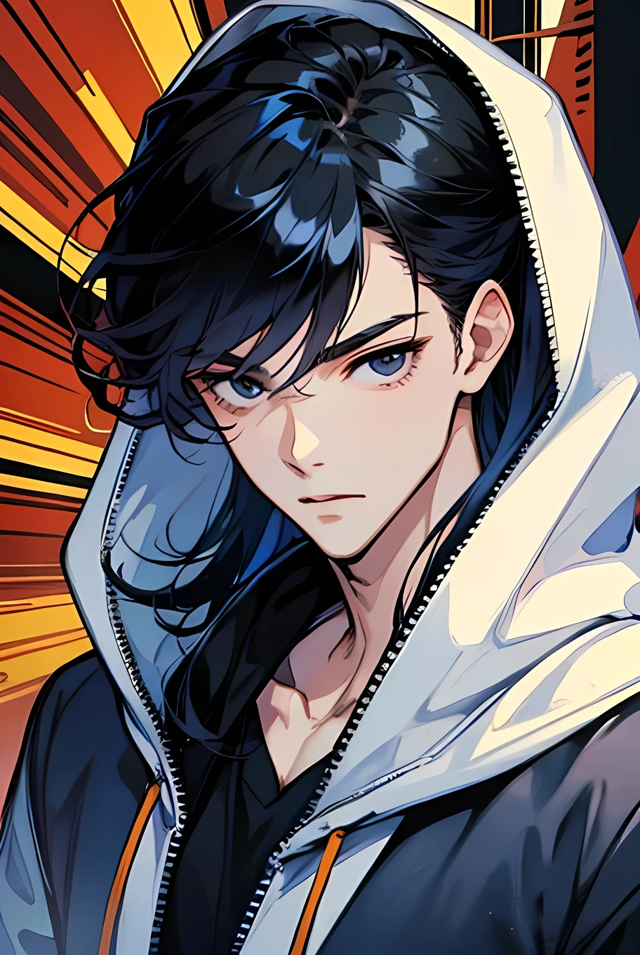 masterpiece, high quality, 1 man, handsome, dark blue long hair, black eyes, focus on his face, wear hoodie,