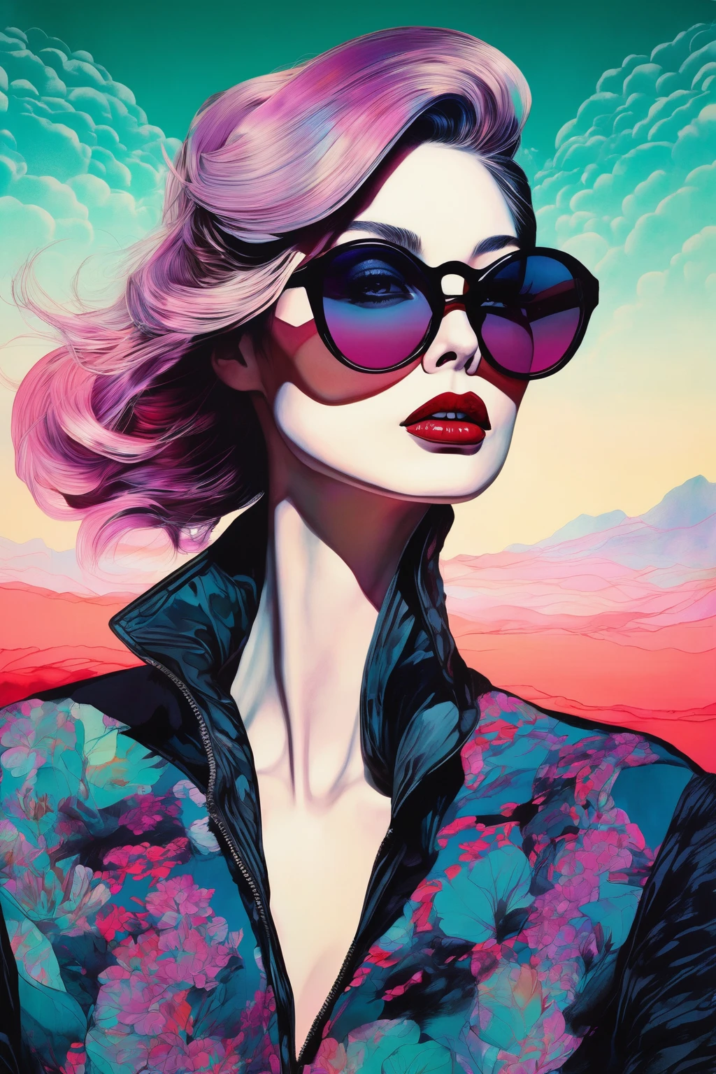 chiaroscuro technique on sensual illustration of an elegant woman, vintage , eerie, matte painting, by Hannah Dale, by Harumi Hironaka, extremely soft colors, vibrant, highly detailed, digital artwork, high contrast, dramatic, refined, tonal, revealing underlayers, abstract landscape wearing an enduro goggles with bright colors
